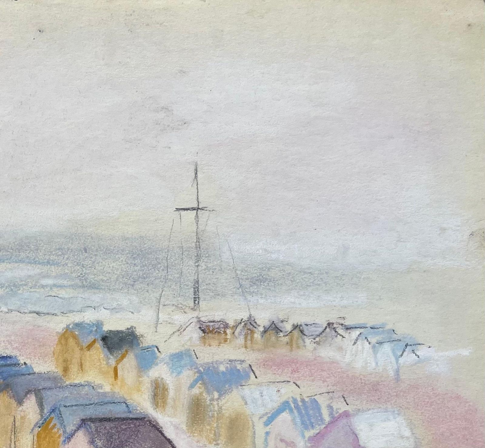 Anne Marie Migette Perardmid Century French Pastel Seaside Landscape With Beach Huts And Distant Mast photo 530.0