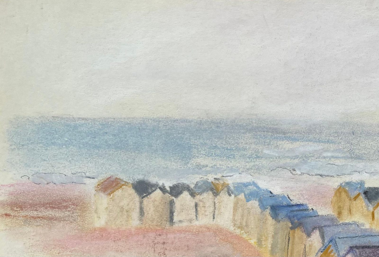 Anne Marie Migette Perardmid Century French Pastel Seaside Landscape With Beach Huts And Distant Mast photo vinterior