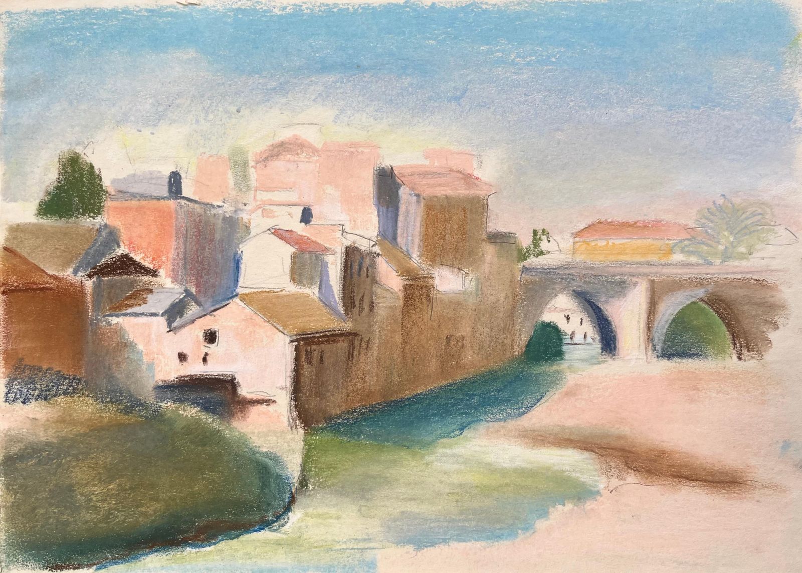 Anne Marie Migette Perardmid 20th Century Pastel Of Riverside Buildings And Arched Stone Bridge