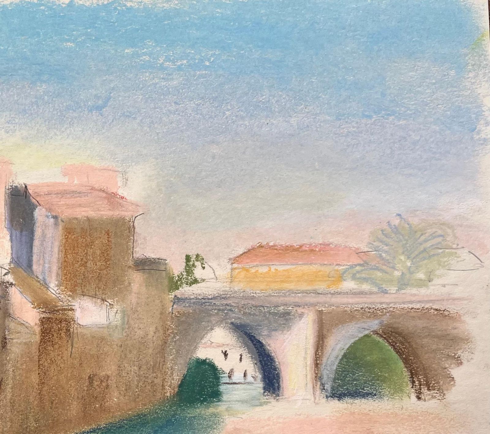 Anne Marie Migette Perardmid 20th Century Pastel Of Riverside Buildings And Arched Stone Bridge photo vinterior