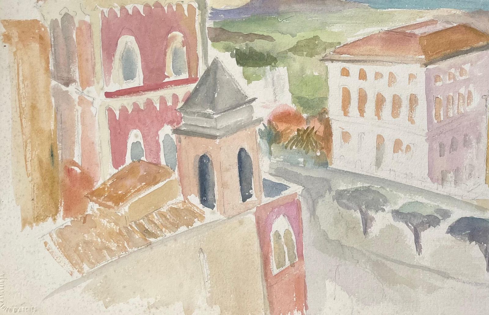 Anne Marie Migette Perardmid 20th Century Watercolour Of Coastal Architecture And Sea View In Agrigento photo Art