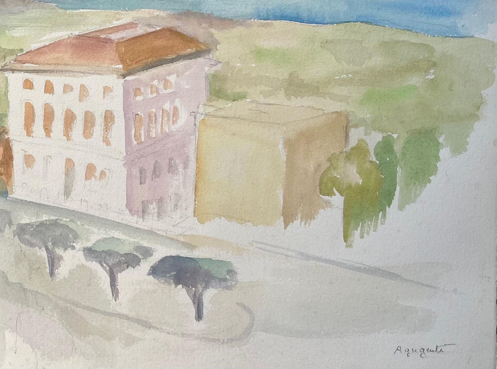 Anne Marie Migette Perardmid 20th Century Watercolour Of Coastal Architecture And Sea View In Agrigento photo vinterior