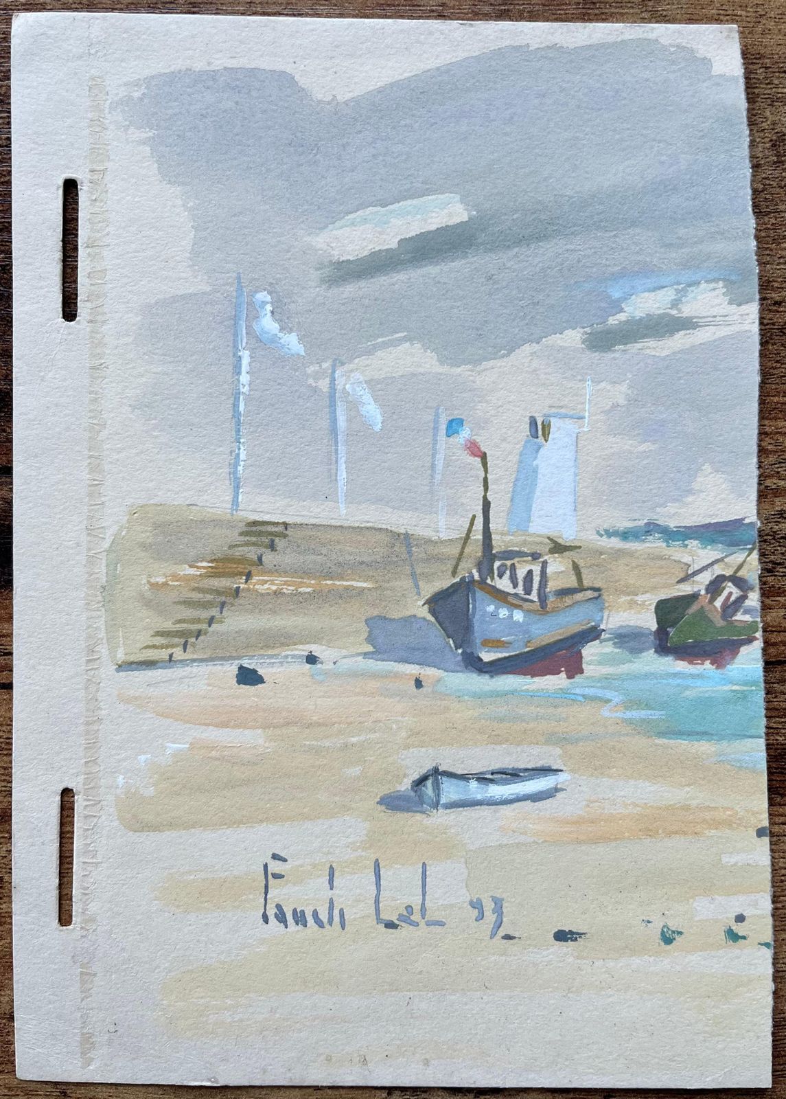 Fanch Lelfrench Coastal Gouache Of Fishing Boats On Shoreline Under An Overcast Sky1993 photo furniture
