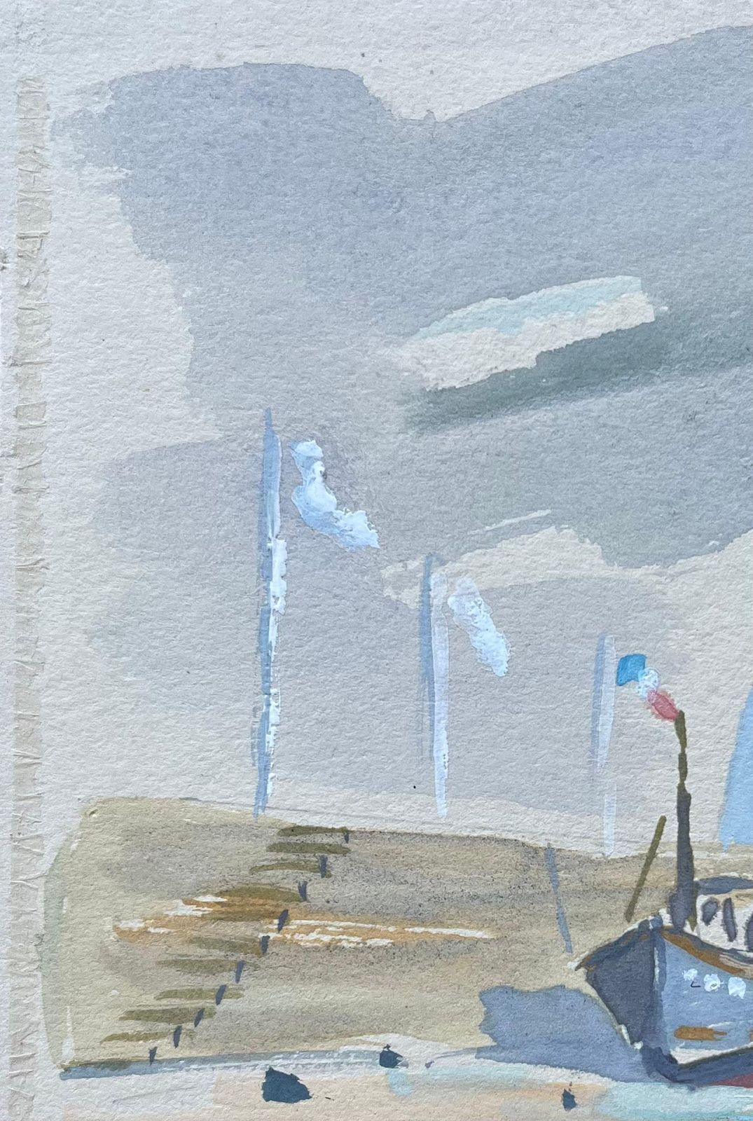 Fanch Lelfrench Coastal Gouache Of Fishing Boats On Shoreline Under An Overcast Sky1993 photo for sale