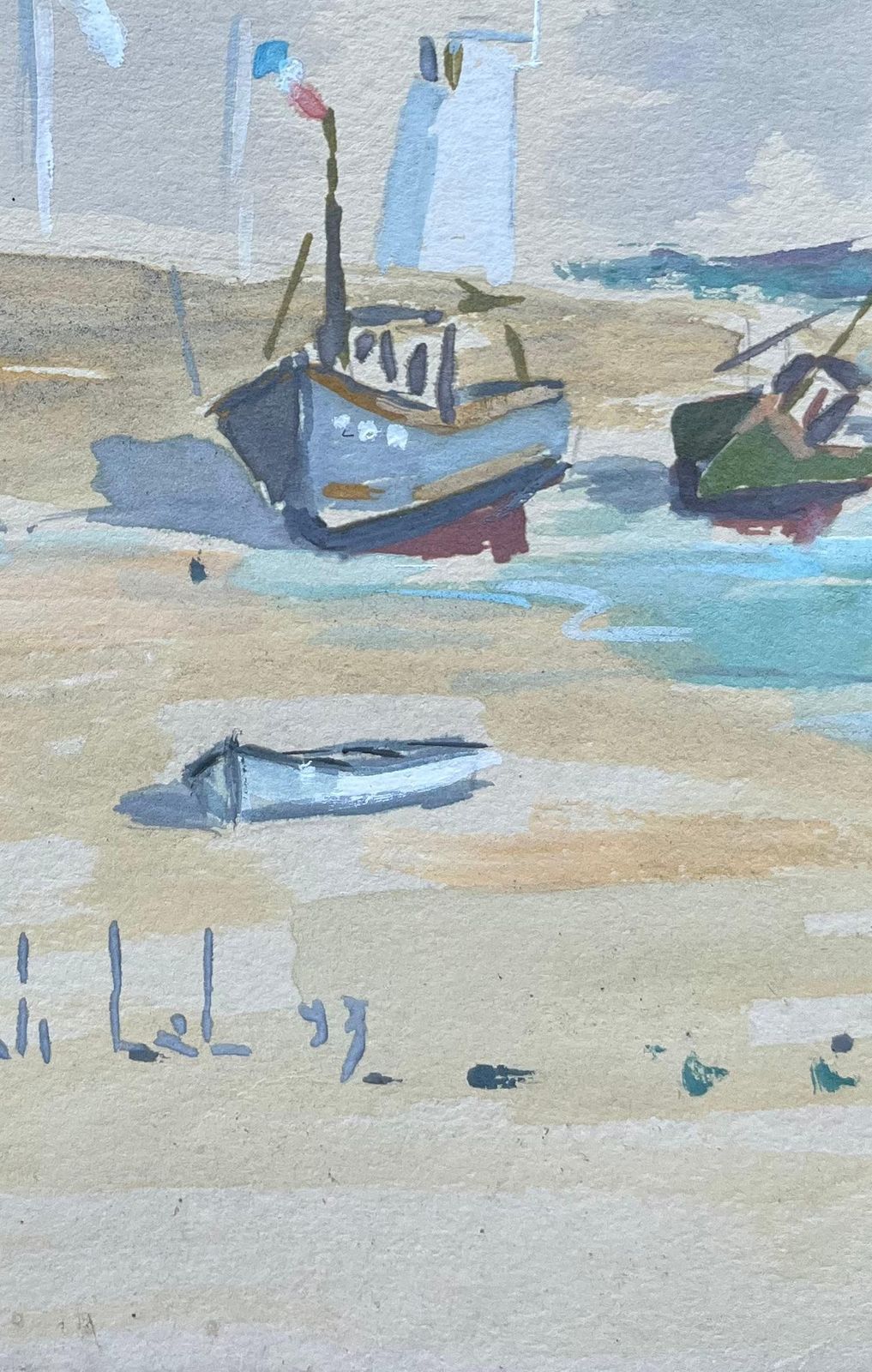 Fanch Lelfrench Coastal Gouache Of Fishing Boats On Shoreline Under An Overcast Sky1993 photo Art