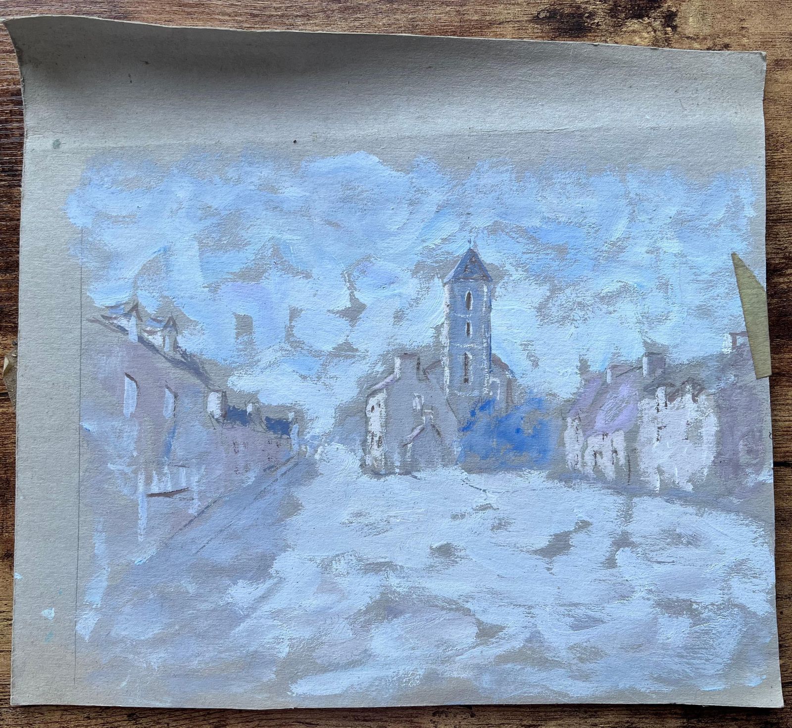 Fanch Lelfrench Gouache Painting Of Village Street And Church Tower In Pale Blue photo furniture