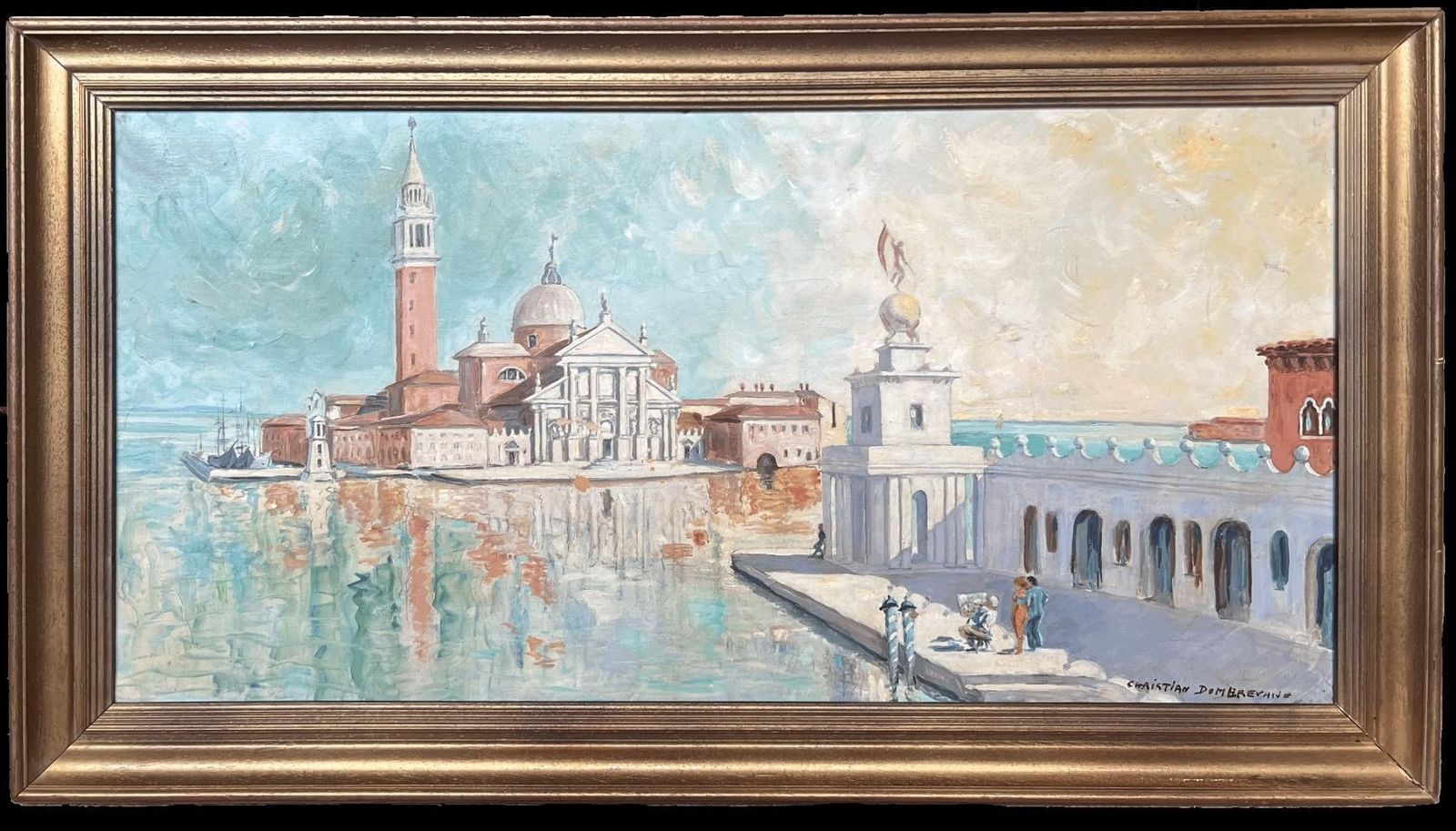 Christian Dombrevanehuge Signed Oil Painting Venice Canal San Giorgio Maggiore 20th Century