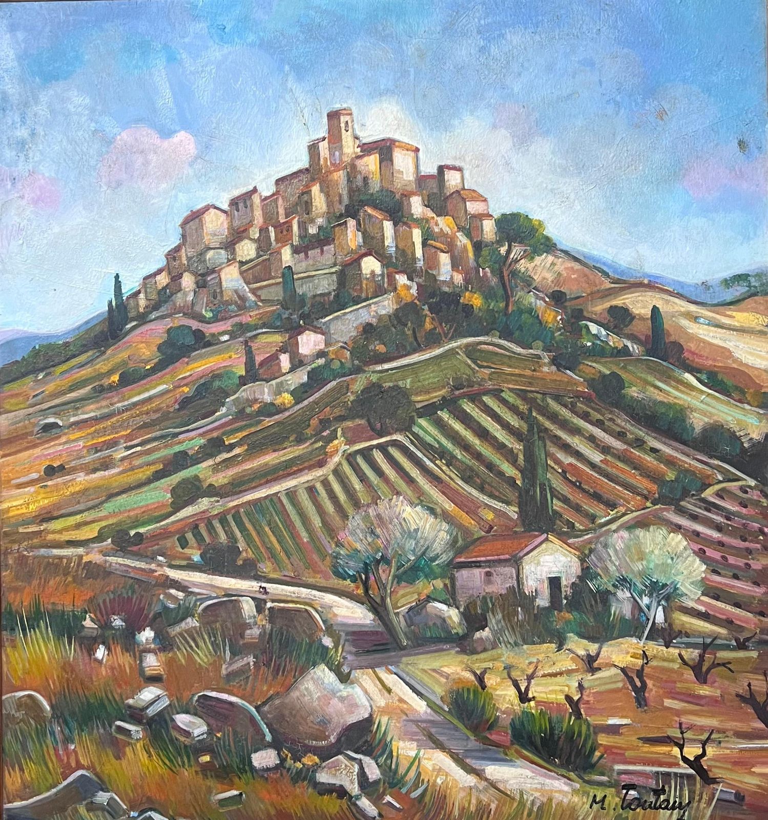 Max Toutainprovencal Hill Perched Town 20th Century French Post Impressionist Oil Painting photo furniture