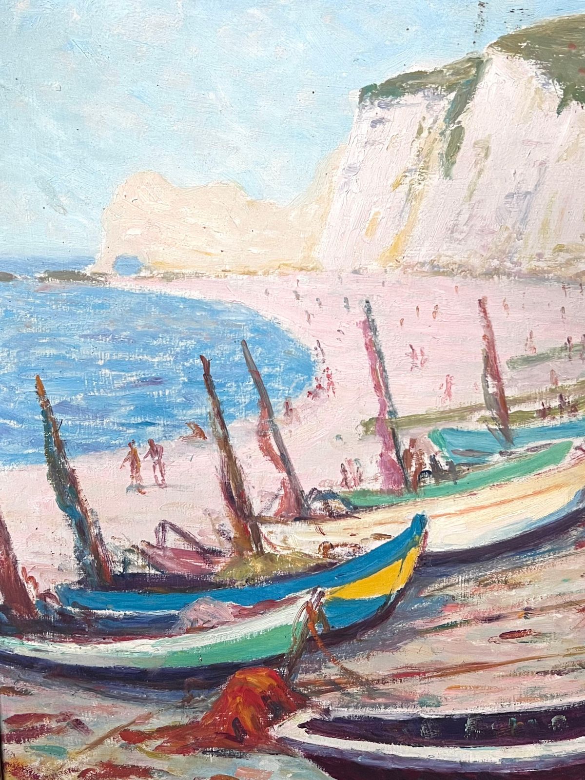 N. Hauvettemid Century French Signed Oil Boats Moored On White Cliff Beach Coastal Seascape1950 photo for sale