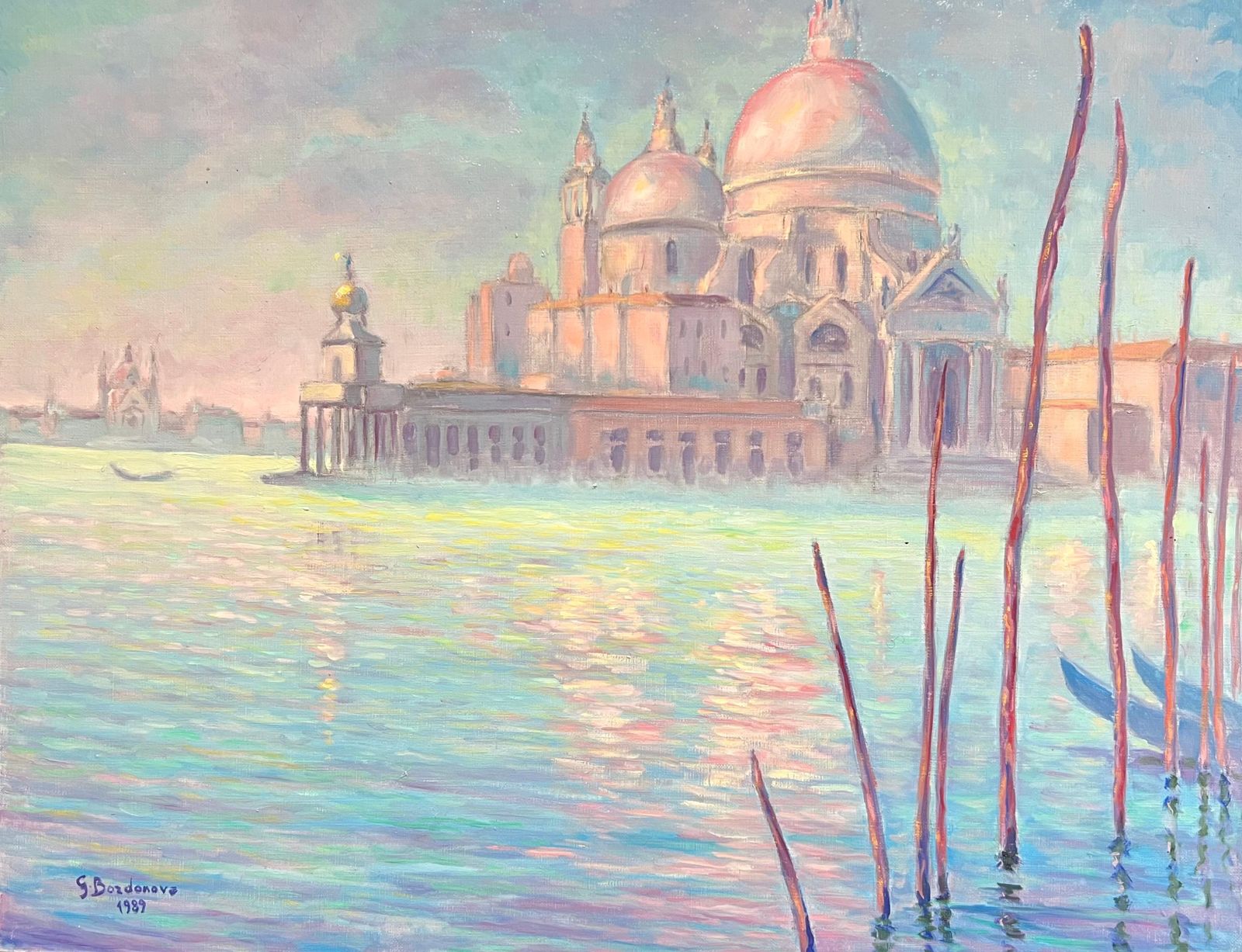 Georges Bordonovefrench Impressionist Oil Painting Sunlit Reflections Of Santa Maria Della Salute