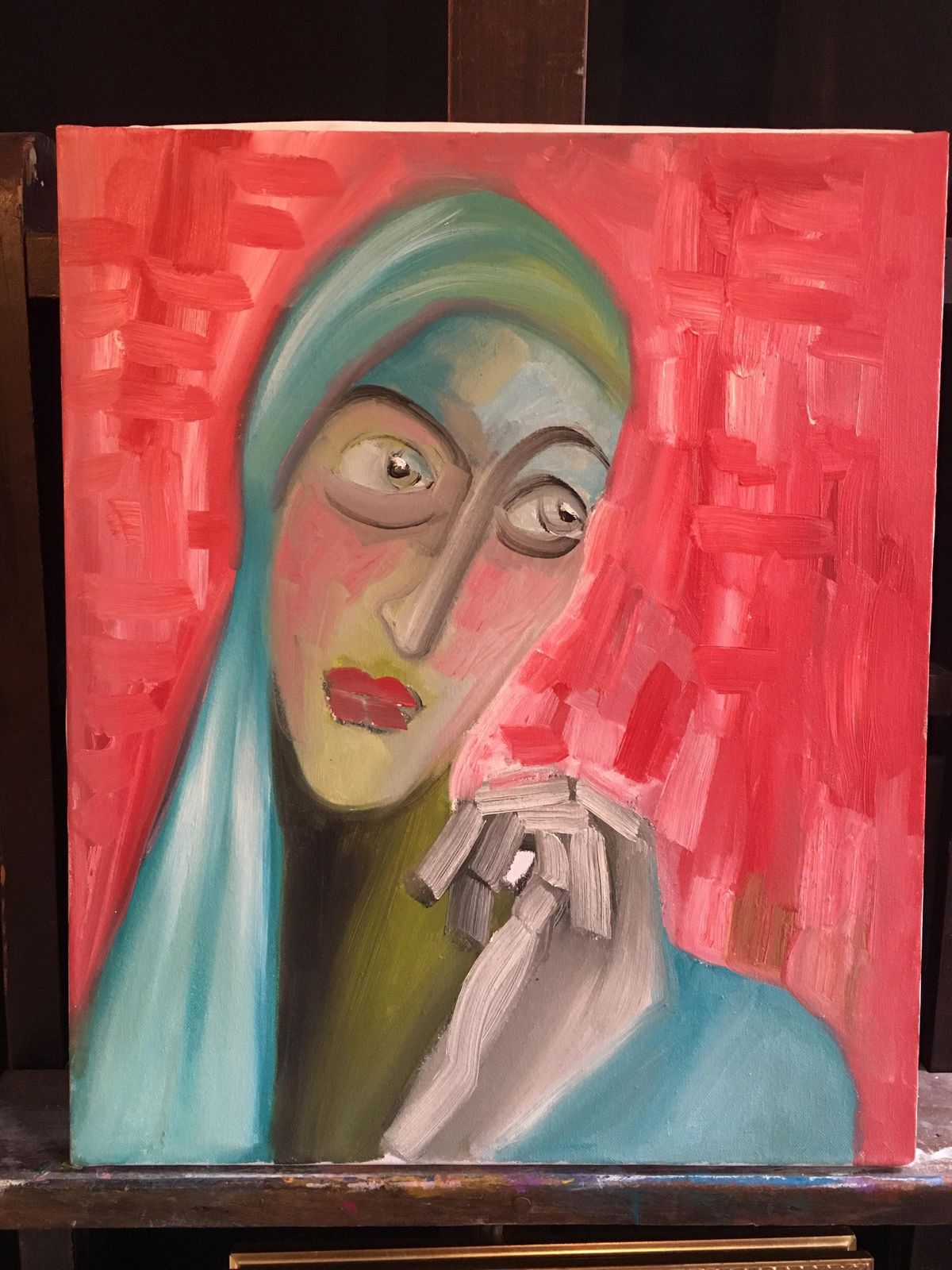 Beatrice Werliestriking Portrait, Cubist Abstract, Red Colour, Original Oil Paintingc.2000 photo furniture