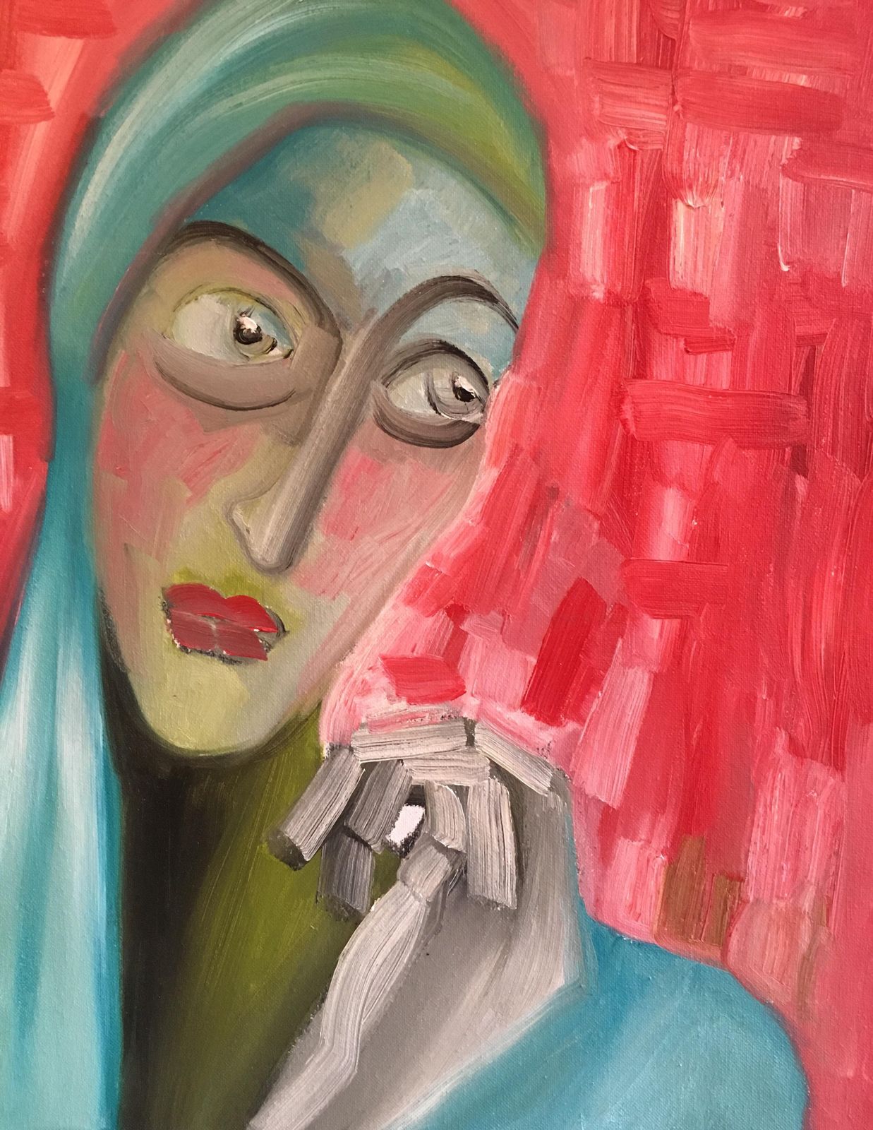 Beatrice Werliestriking Portrait, Cubist Abstract, Red Colour, Original Oil Paintingc.2000 photo 1628.0