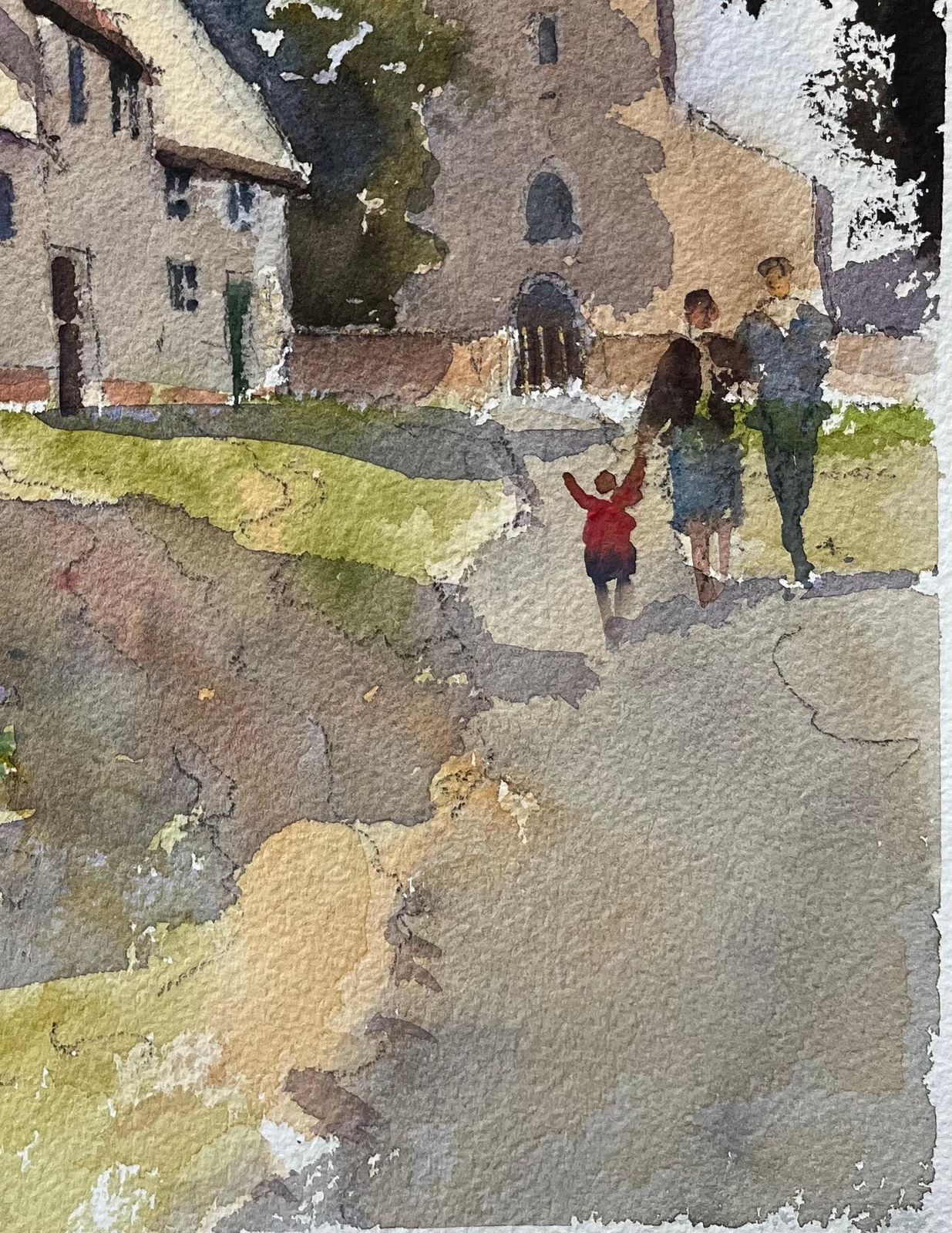 Anthony Averybritish Impressionist Watercolor Of Figures Walking Up Village Pathway To Church photo for sale