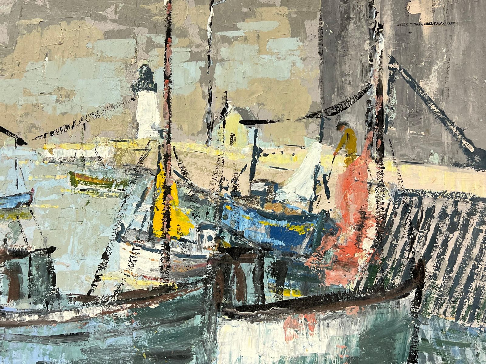 Fanch Lelfrench Impressionist Fishing Boats At The Harbor With Lighthouse Oil Painting photo for sale