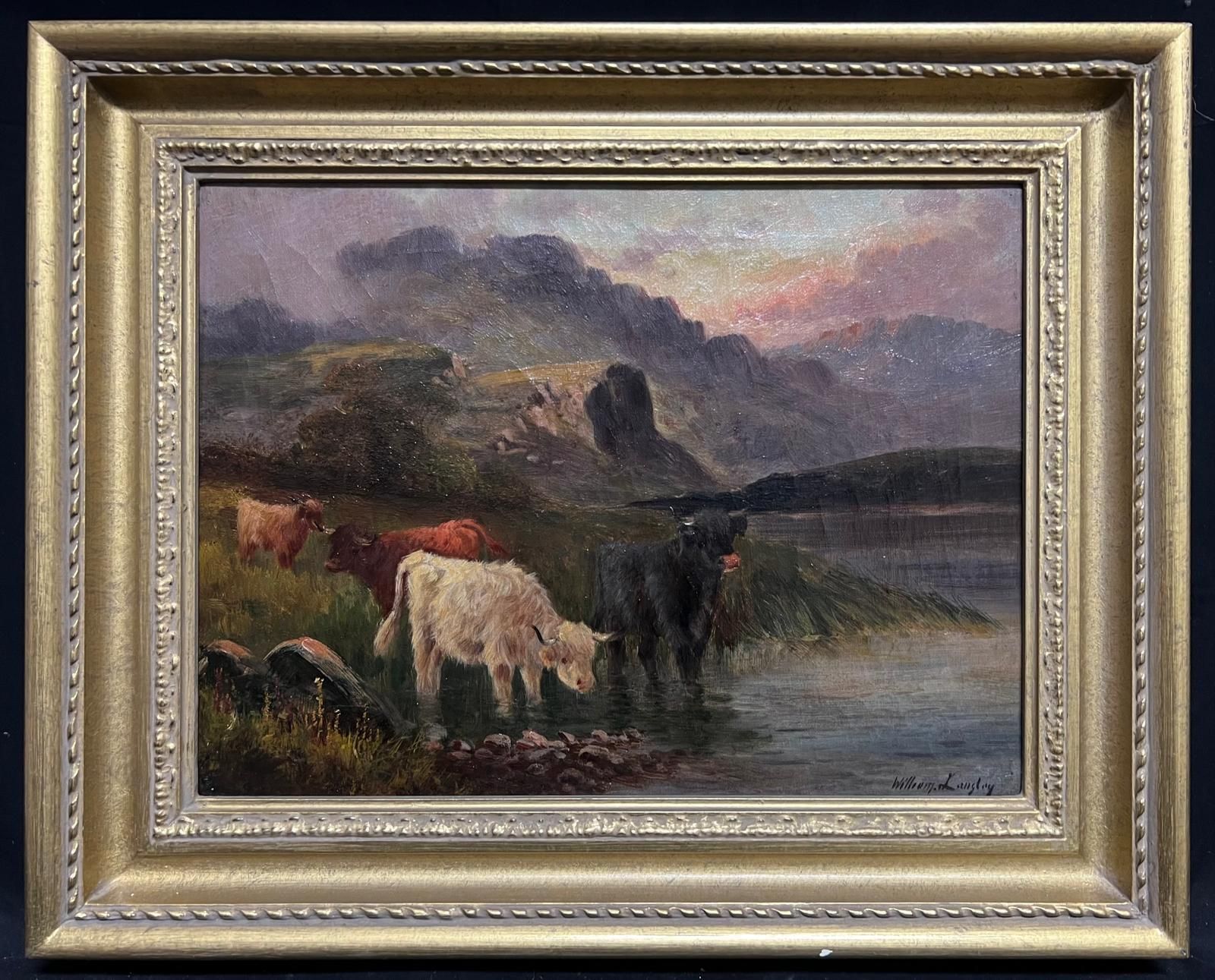 William Langley (1852 1922highland Cattle At Dusk Antique Scottish Loch & Mountains Signed Oil Painting