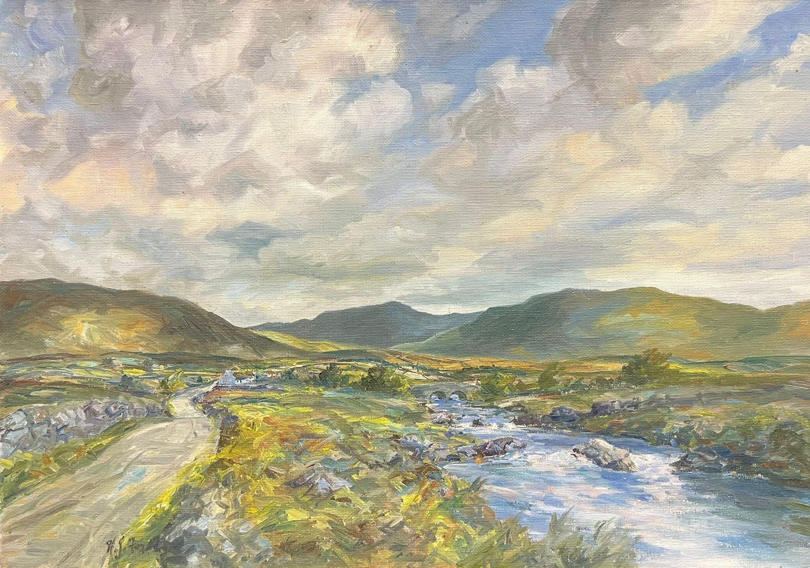 Irish Artistvintage Irish Oil Painting Winding Stream & Rolling Green Hills Under Cloudy Sky