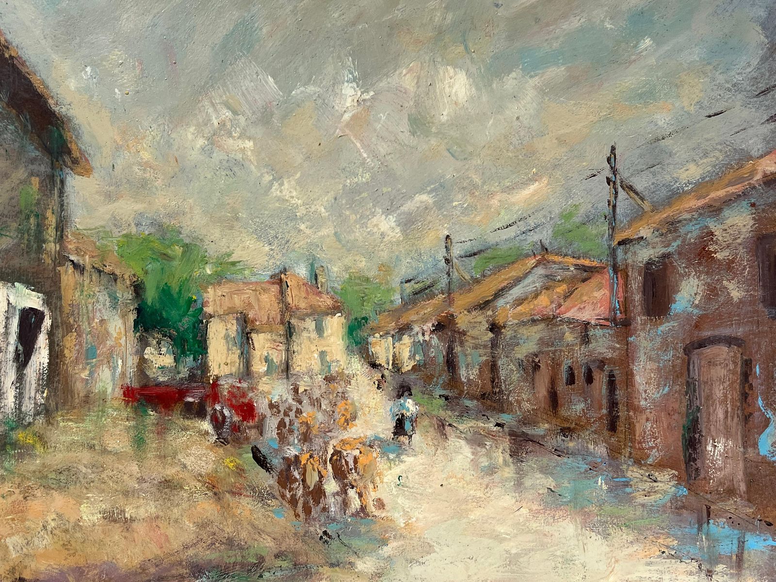 Fanch Lelfrench Impressionist Sun Dappled Village Street Scene With Farmers & Livestock photo for sale