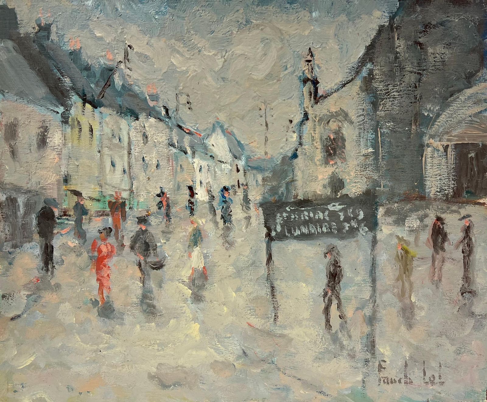 Fanch Lelfrench Impressionist Grey Rainy Day In A Bustling Village Street Oil Painting