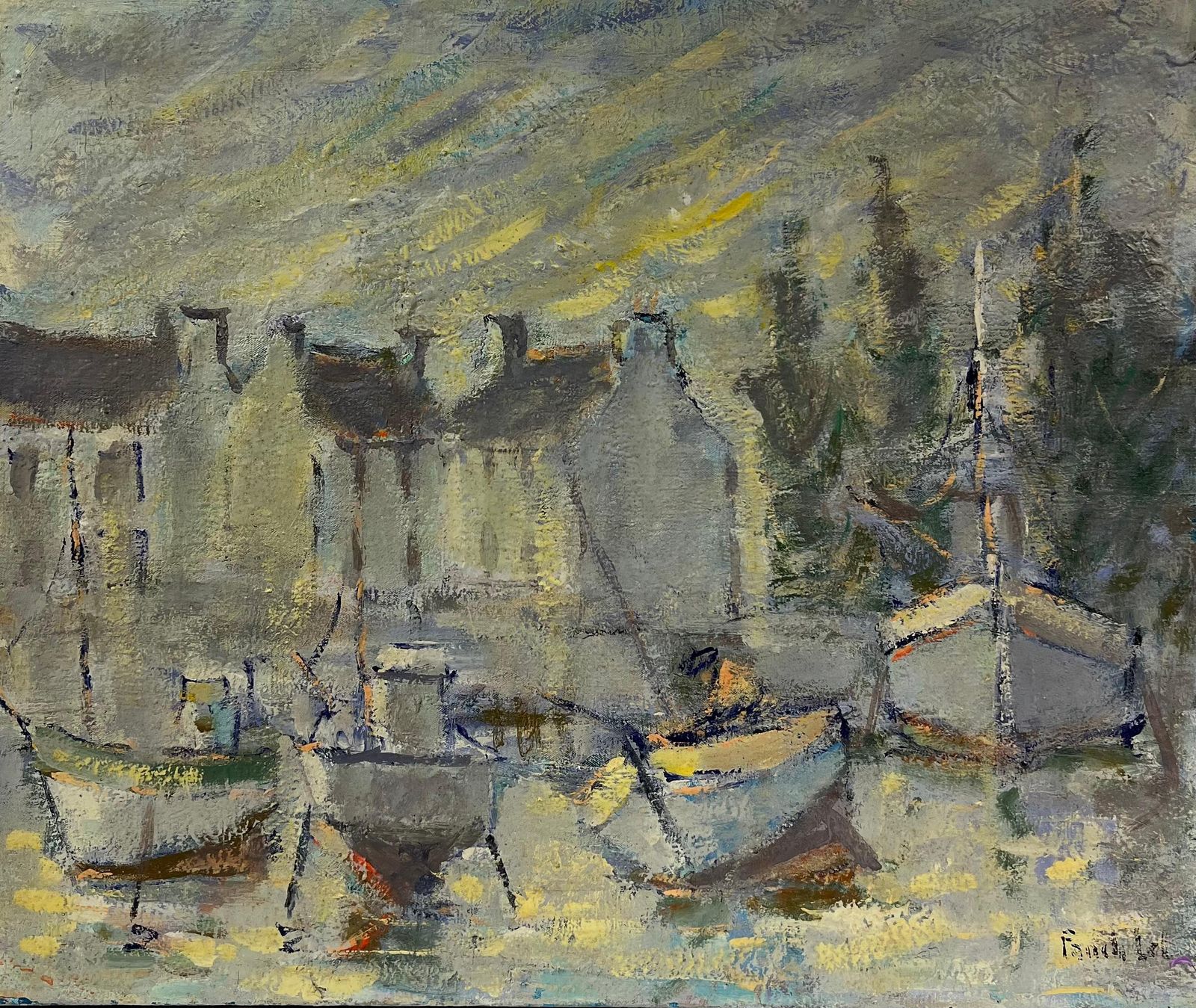 Fanch Lelfrench Impressionist Grey Boats At Harbor At Dusk With Peering Sun Landscape