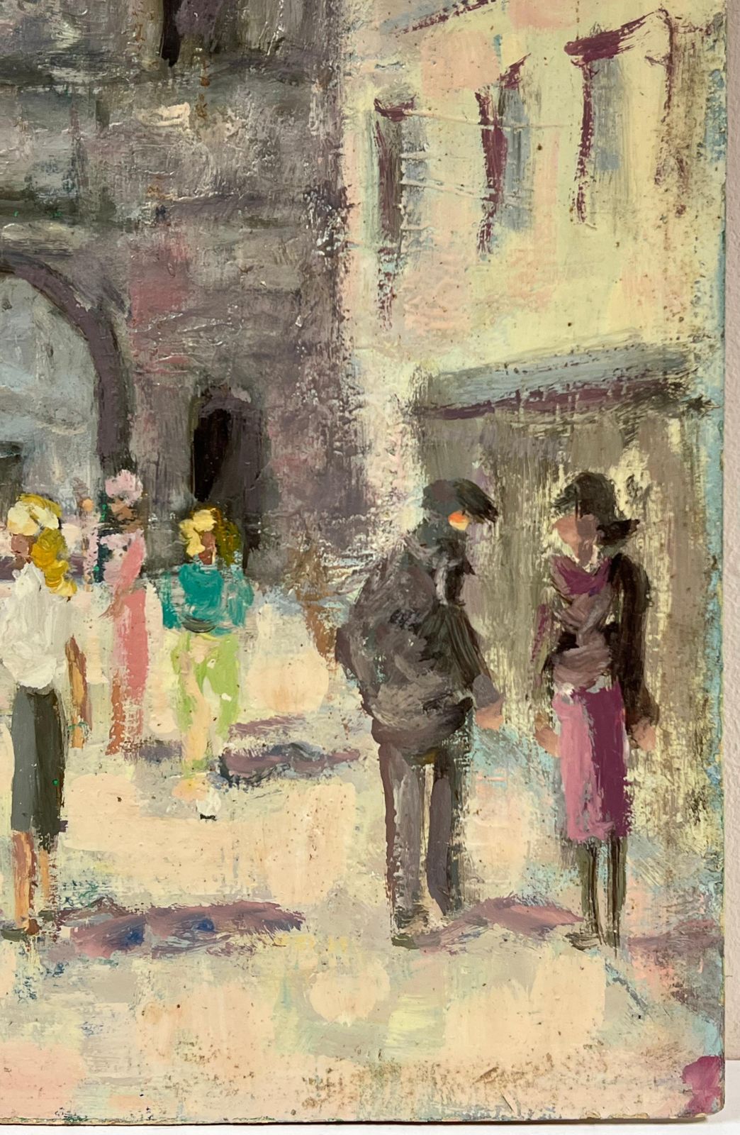Fanch Lelfrench Impressionist Busy Scene Of Strolling Figures Through Village Gateway photo vinterior