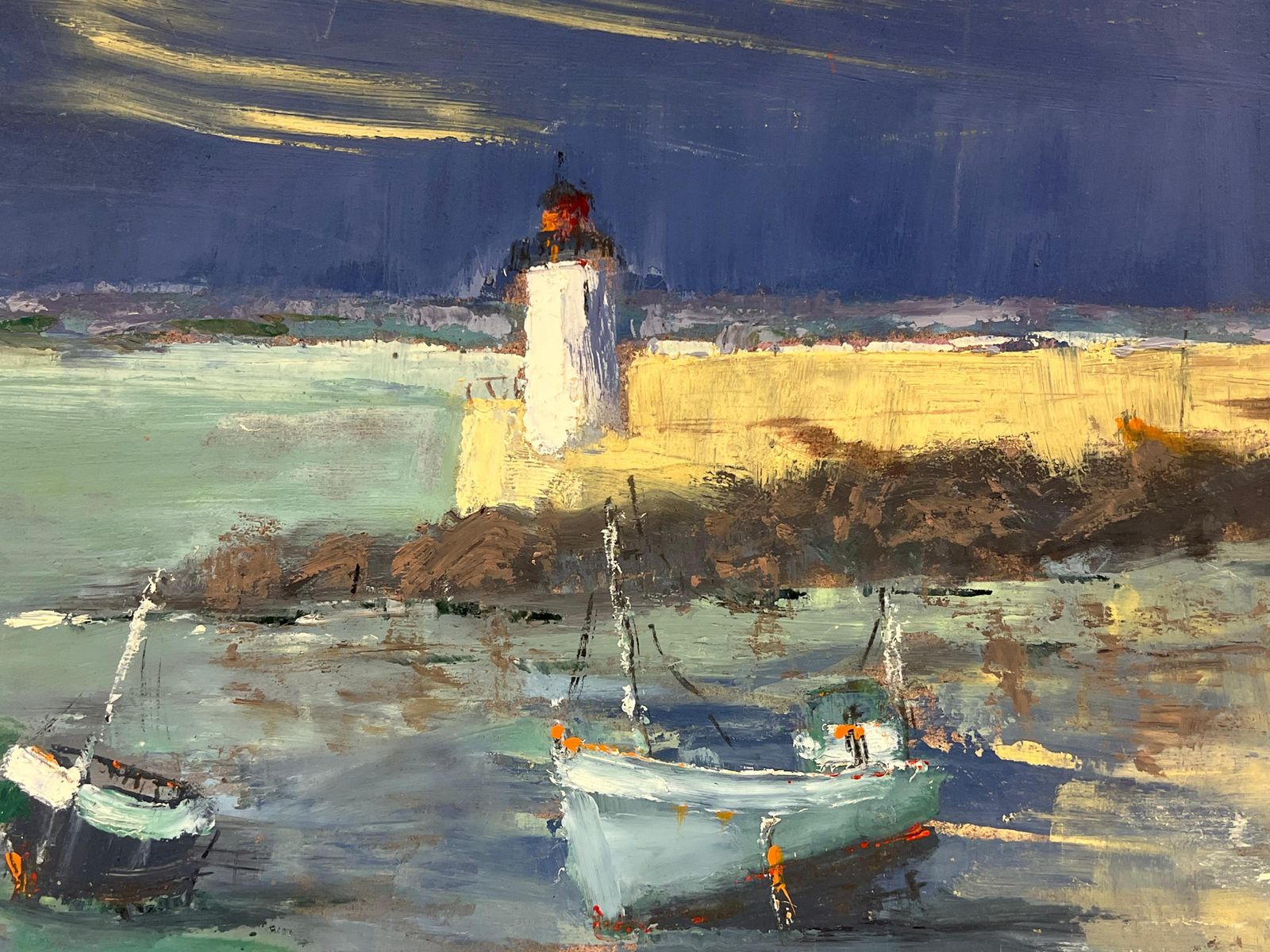 Fanch Lelfrench Impressionist Stormy Evening At The Lighthouse Starry Night Sky photo 688.0
