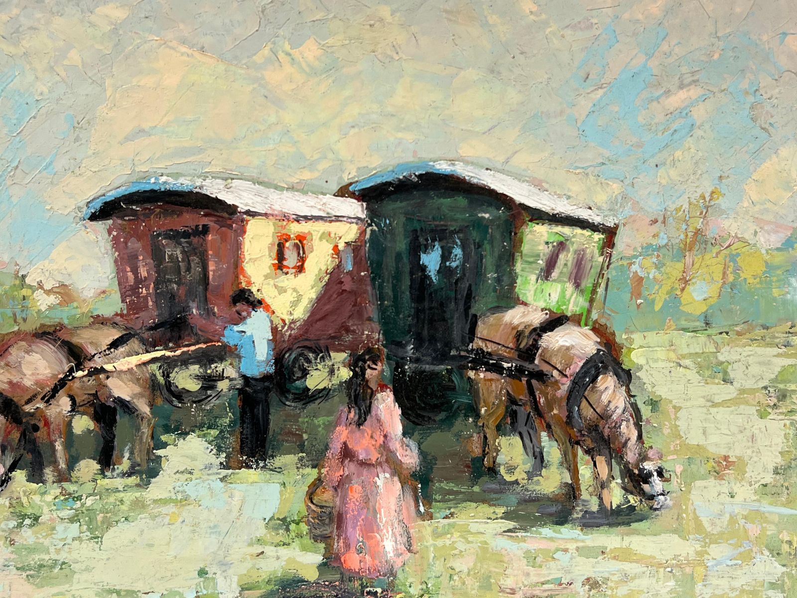 Fanch Lelfrench Impressionist Scene Of Horse Drawn Caravans And Travelers photo for sale