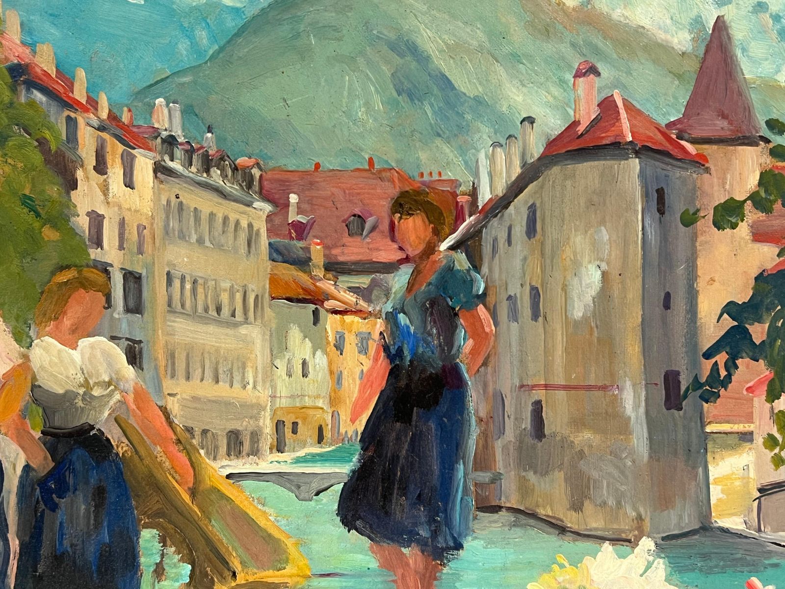 Regine David1940's French Oil Painting Figures South Of France Busy Market Scene photo Art