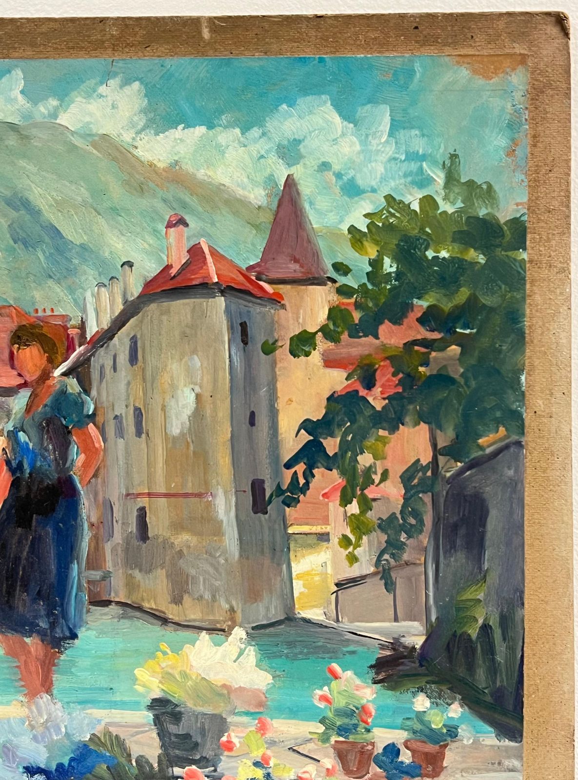 Regine David1940's French Oil Painting Figures South Of France Busy Market Scene photo vintage