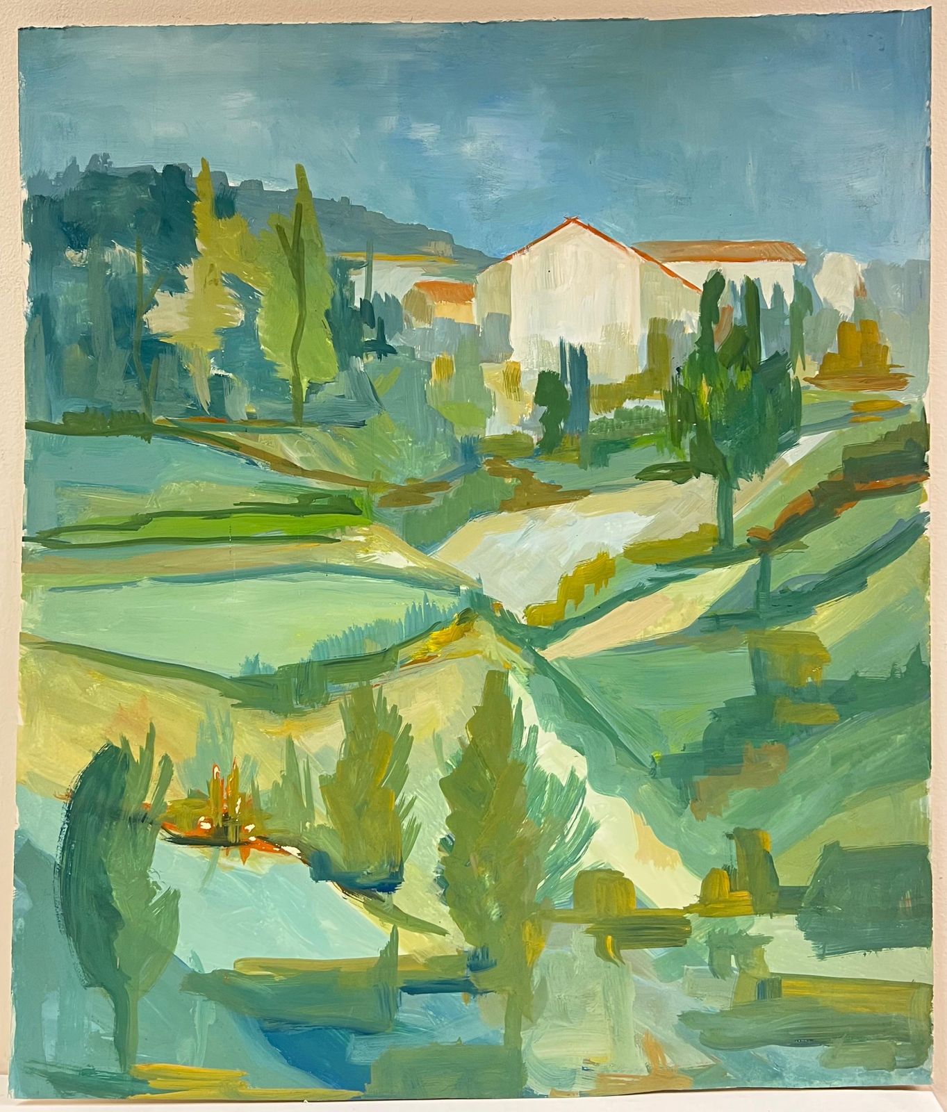Bernard Labbe1950's Bright Green And Blue Landscape Of Hills And Fields French Oil1950's photo furniture