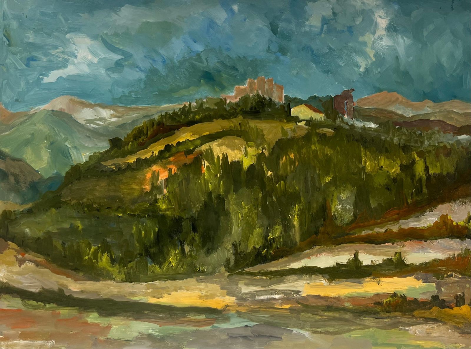 Bernard Labbe1950's French Village Hillside On Green Rolling Hills Oil Landscape1950's