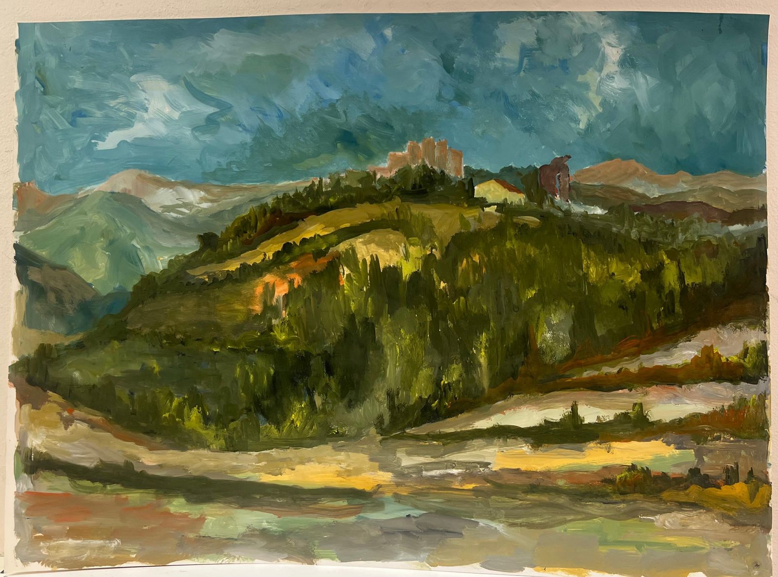 Bernard Labbe1950's French Village Hillside On Green Rolling Hills Oil Landscape1950's photo furniture