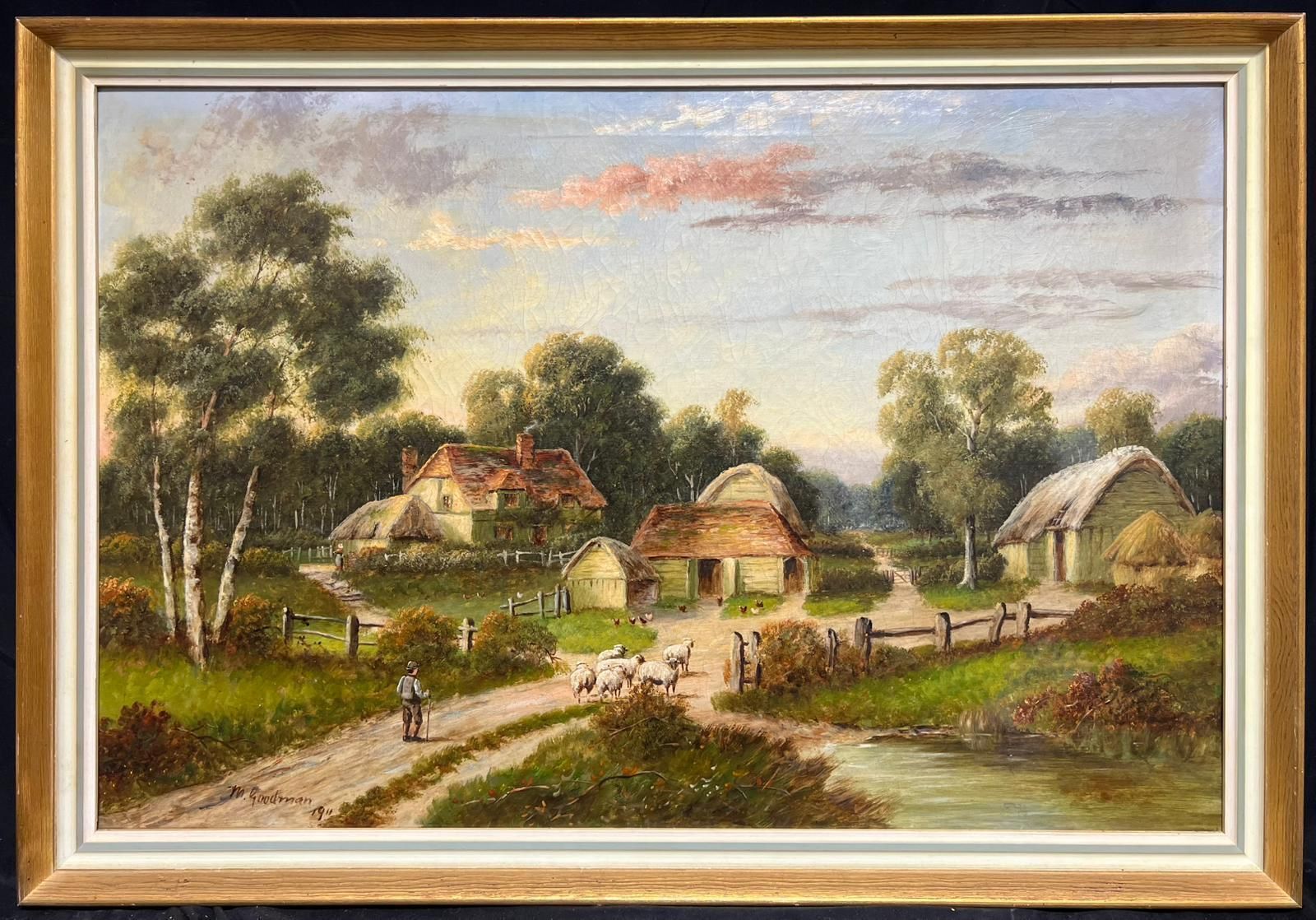 Antique English Antique English Countryside Oil Painting Shepherd With Sheep And Rural Farmstead