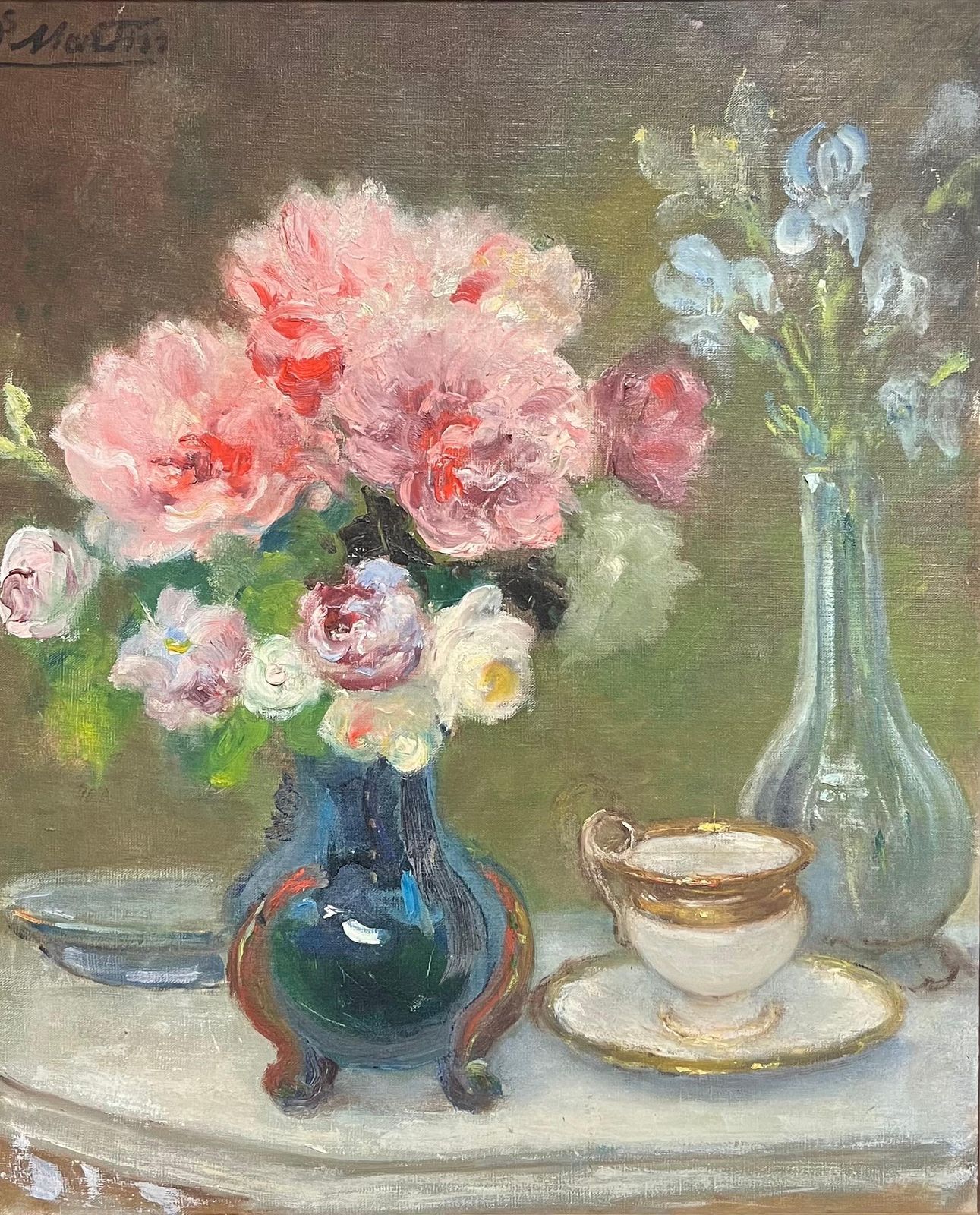 Jacques Martin (1844 1919)antique French Signed Pink Flowers In Blue Vase Floral Still Life Oil Painting photo for sale