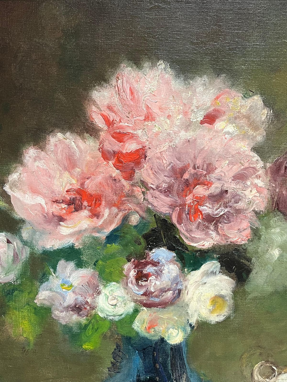 Jacques Martin (1844 1919)antique French Signed Pink Flowers In Blue Vase Floral Still Life Oil Painting photo Art