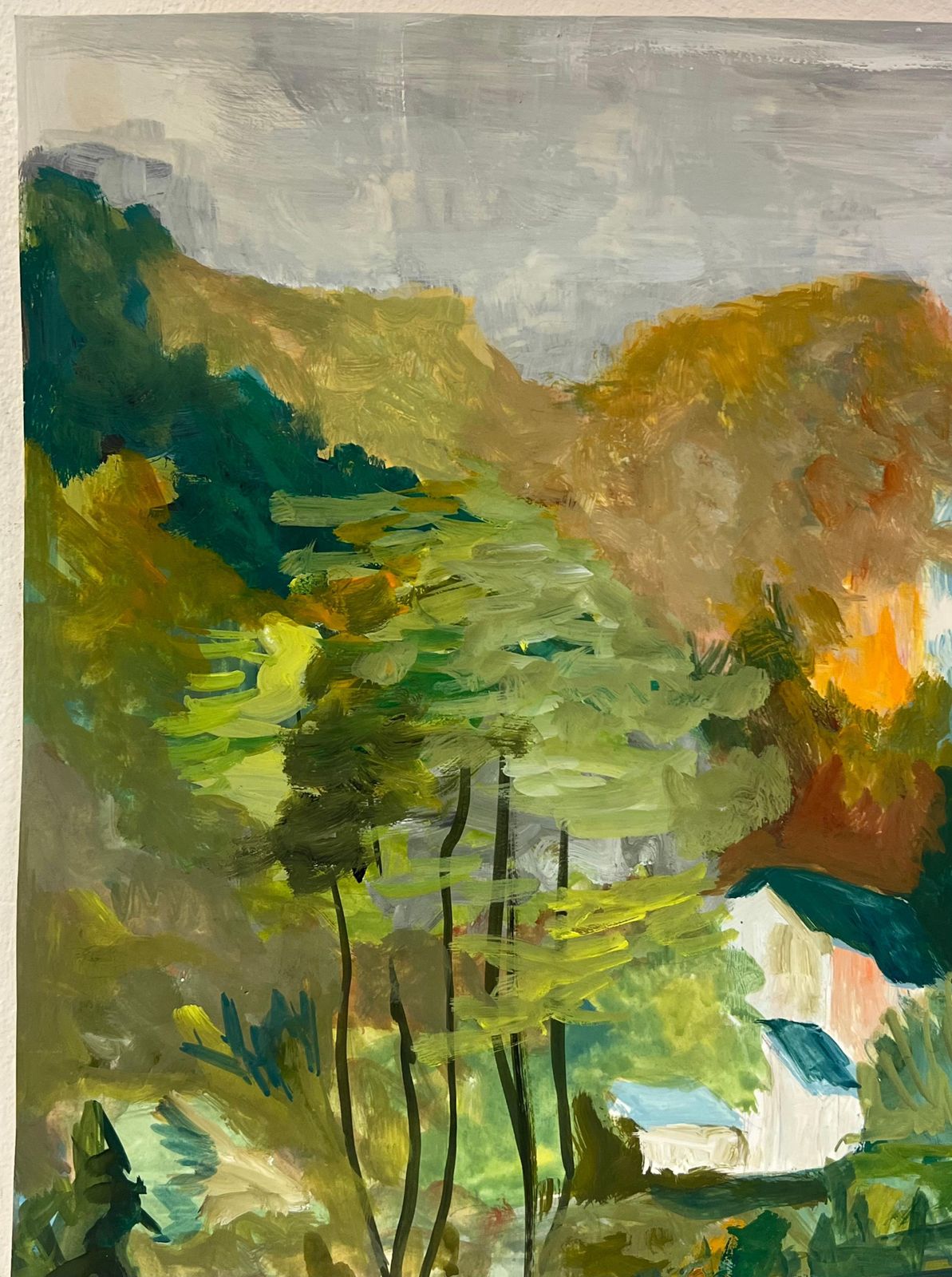 Bernard Labbe1950's Nestled Houses In Autumnal Riverside Landscape French Oil Landscape1950's photo Art