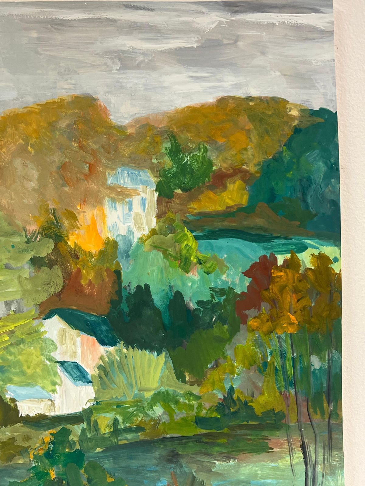 Bernard Labbe1950's Nestled Houses In Autumnal Riverside Landscape French Oil Landscape1950's photo buy