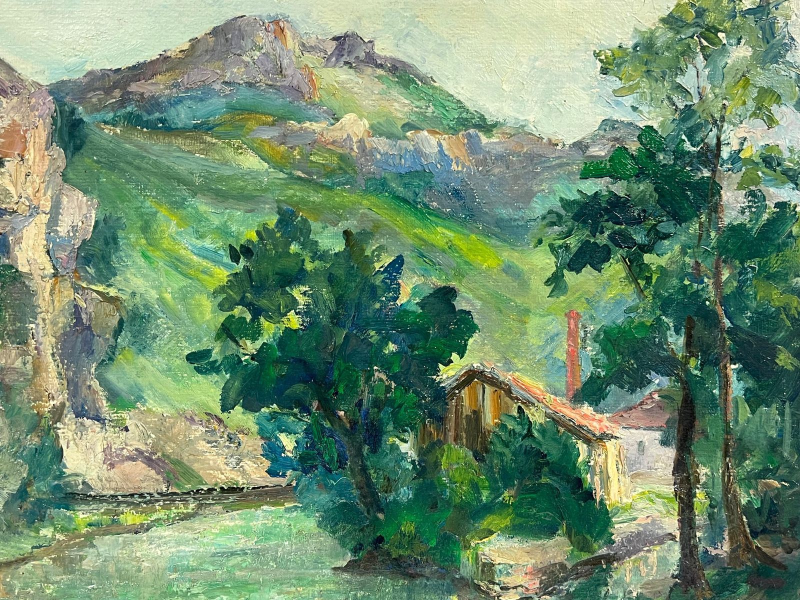Regine David1930's French Green Lush River Landscape Gorge Valley Signed Oil Painting photo for sale