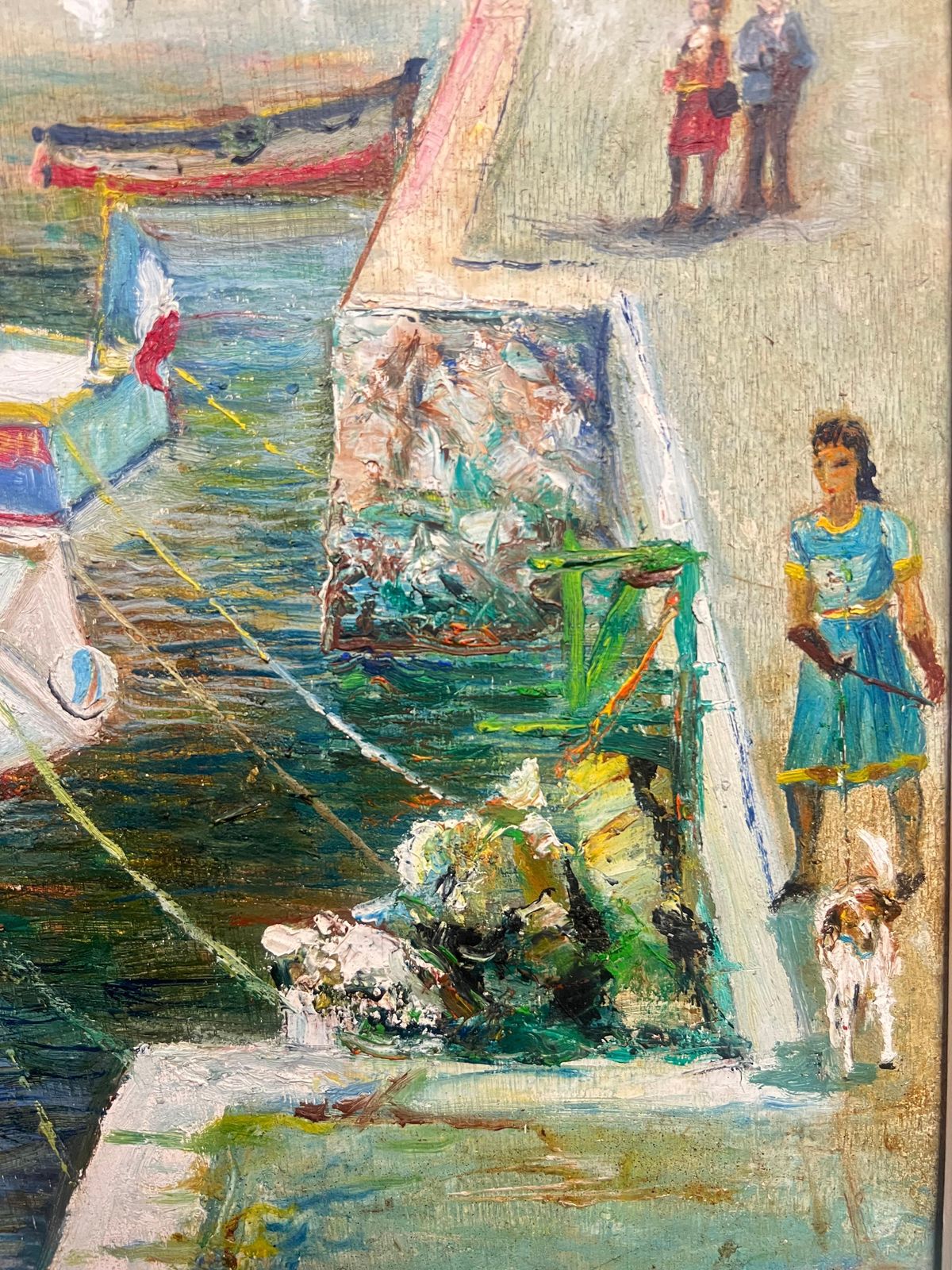Art French Schoolvintage Mid 20th Century French Oil Painting Nice Old Port Harbor Busy Scene photo