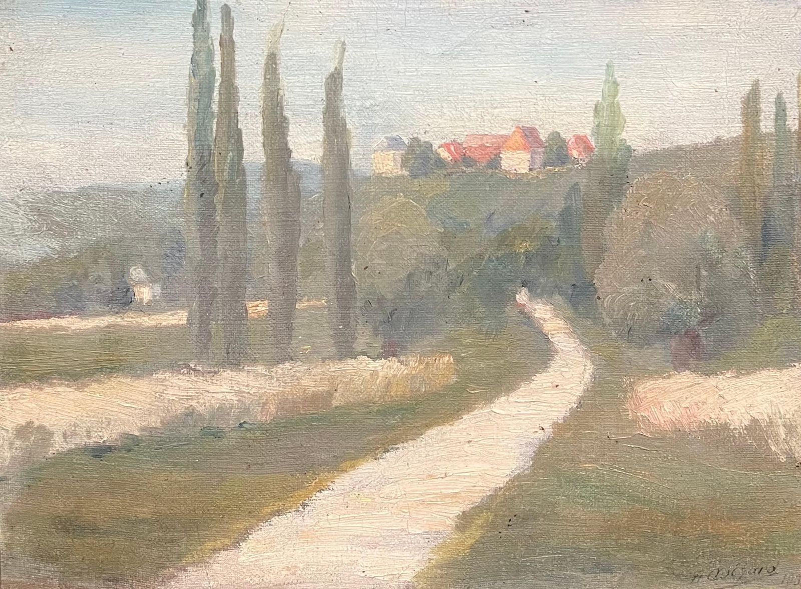 French School1930's Atmospheric French Provencal Countryside Landscape Cypress Trees In Lane1930's photo vinterior