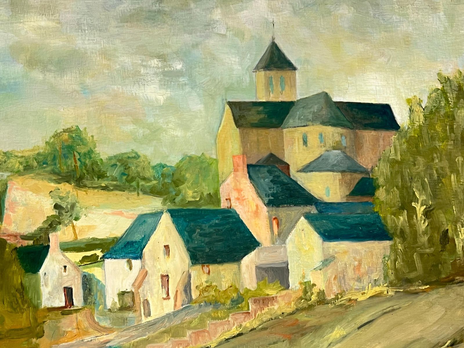 Bernard Labbe1950's Blue Roof Rustic Village Scene With A Central Church Countryside1950's photo for sale