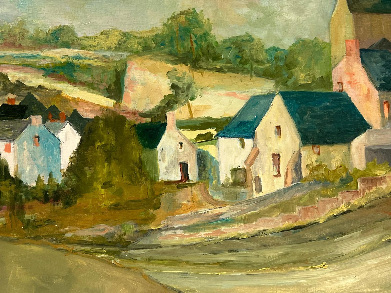 Bernard Labbe1950's Blue Roof Rustic Village Scene With A Central Church Countryside1950's photo 836.0