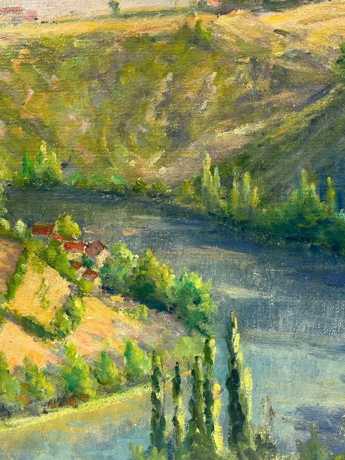 Regine David1940's French River Valley Lush Green Colors Signed Oil Painting1949 photo for sale