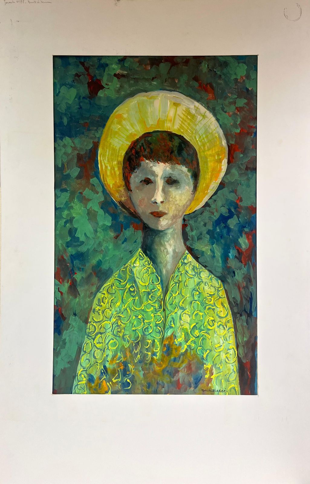 Bernard Labbe1950's Symbolist Portrait Young Figure In Exotic Green Cloak1950's photo furniture