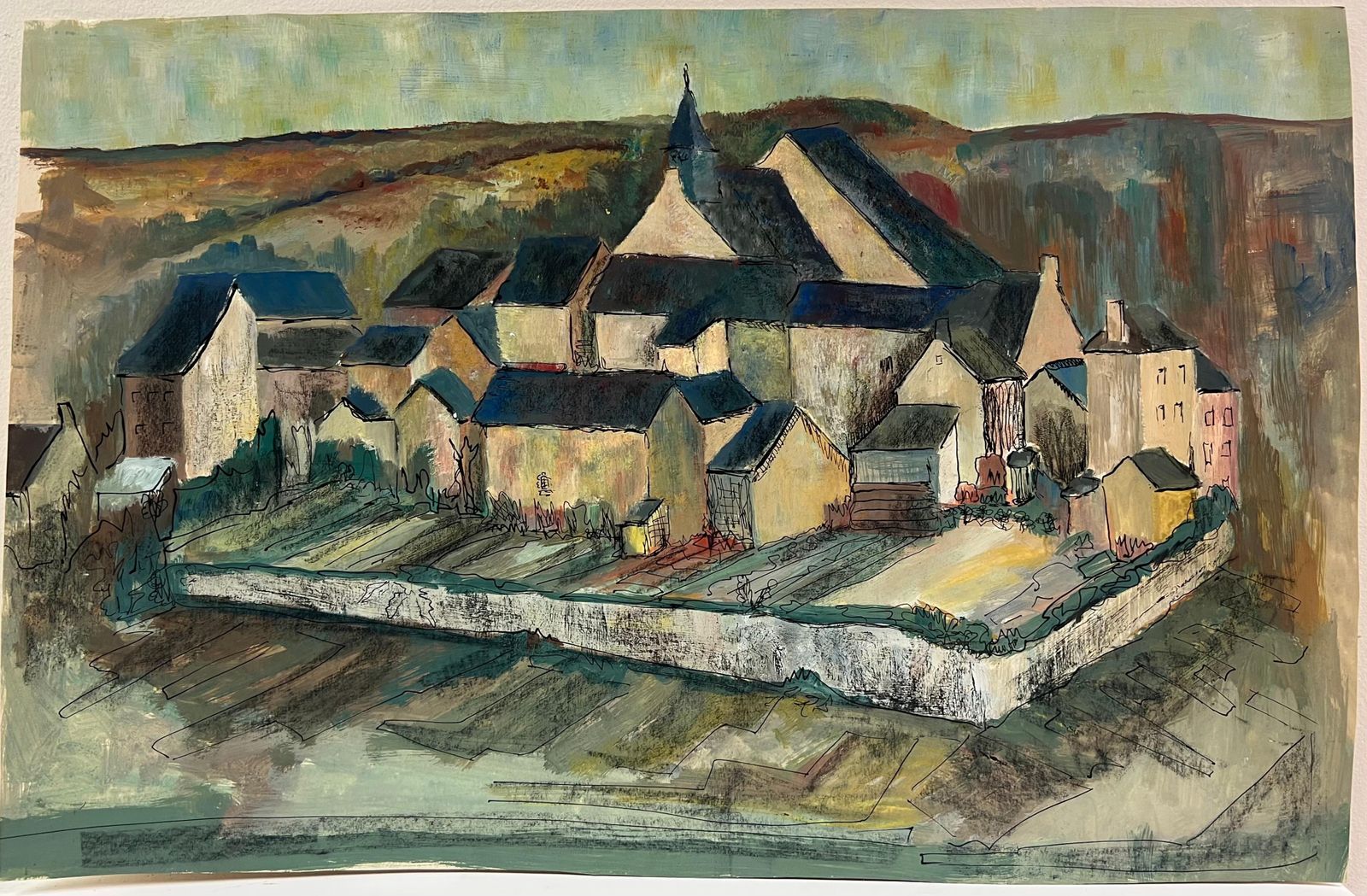 Bernard Labbe1950's French Enclosed Village With Central Steeple Oil Landscape1950's photo furniture