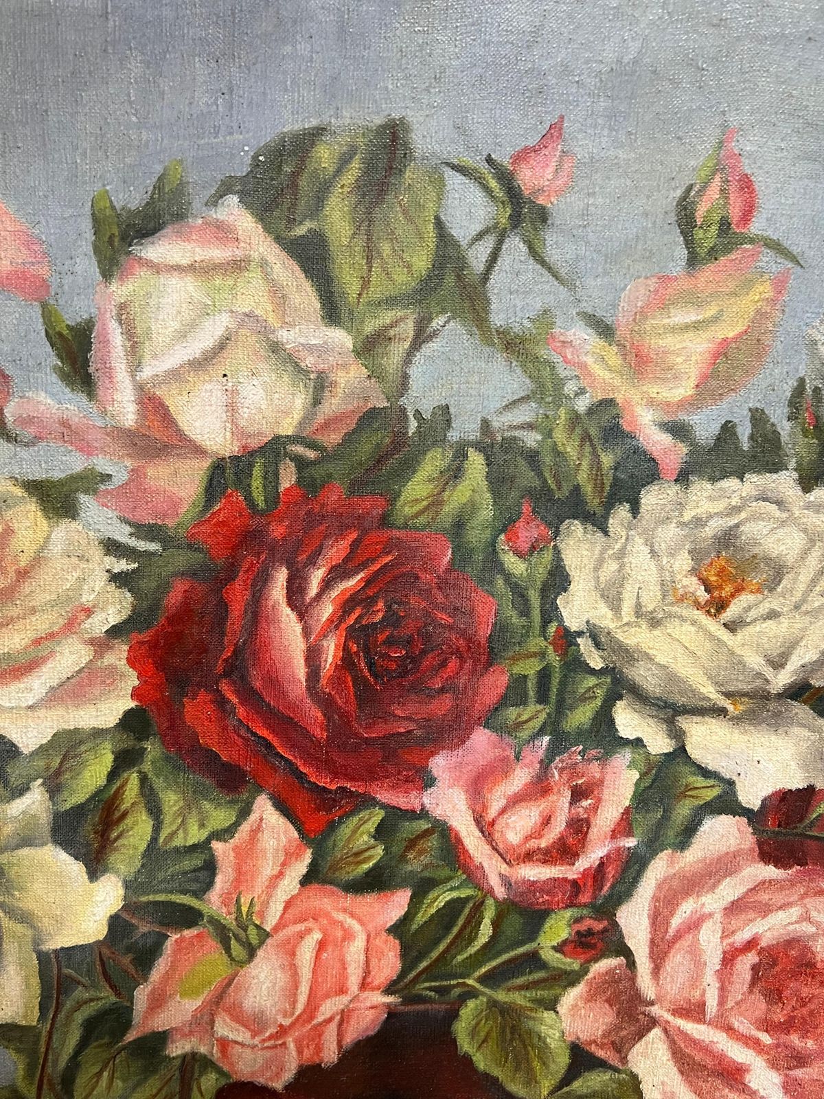 G. Picard Aubry1940's French Floral Still Life Pink Red Roses In Brown Vase Oil Painting1940''S photo Art