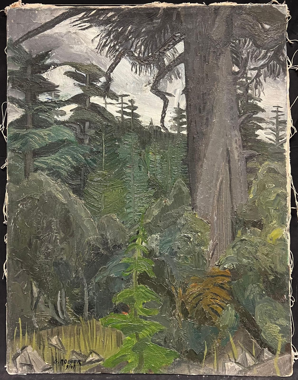 French School1940s French Moody Grey Green Forest Landscape French Expressionist Oil Painting1940's photo furniture