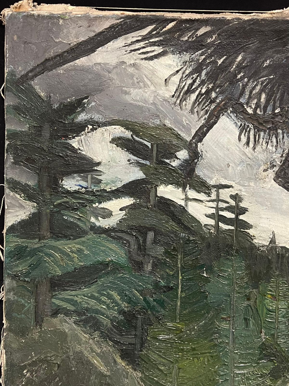 French School1940s French Moody Grey Green Forest Landscape French Expressionist Oil Painting1940's photo Art
