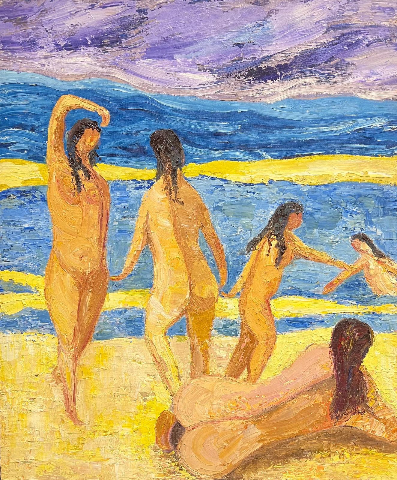 French Schoolfrench Post Impressionist Vibrant Large Oil Painting Nude Bathers On The Beach1970's