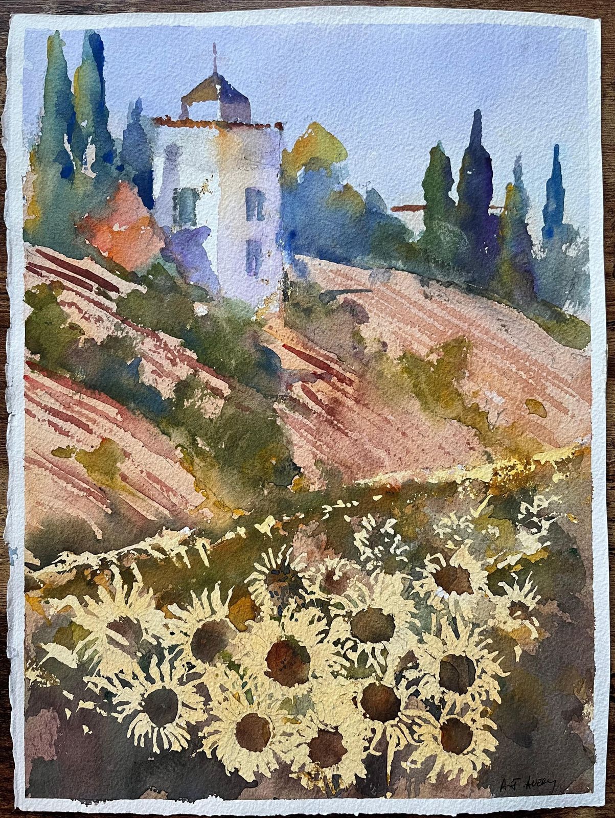 Anthony Averybritish Impressionist Watercolor Of A Sunflower Field And Country Villa photo furniture