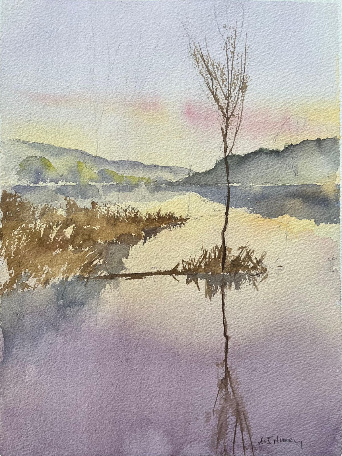 Anthony Averybritish Impressionist Watercolor Of A Tranquil Lakeside Scene At Sunset